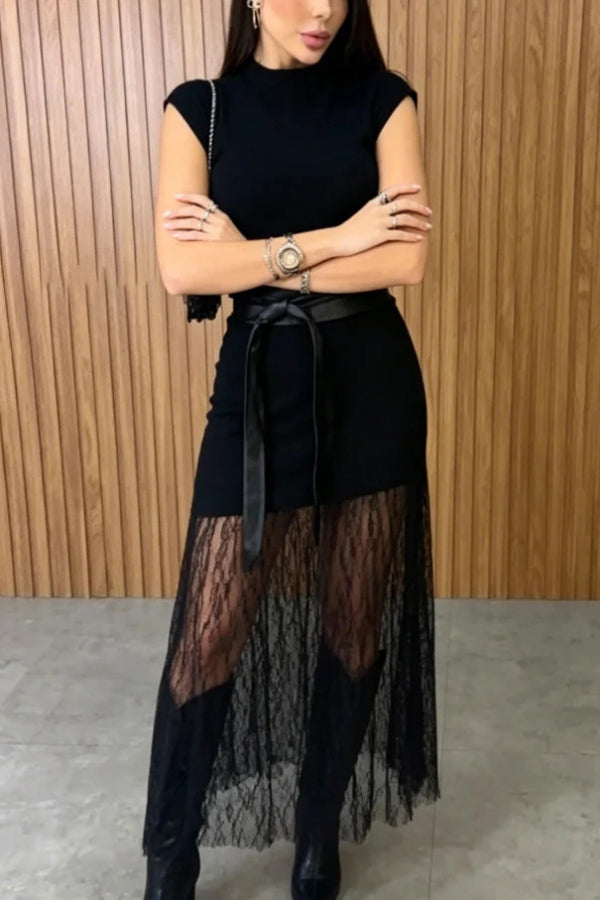 Stylish Sleeveless Spliced lace Hem Elegant Slim-fit Maxi Dress