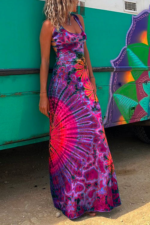 Strappy Backless Tie Dye Maxi Dress