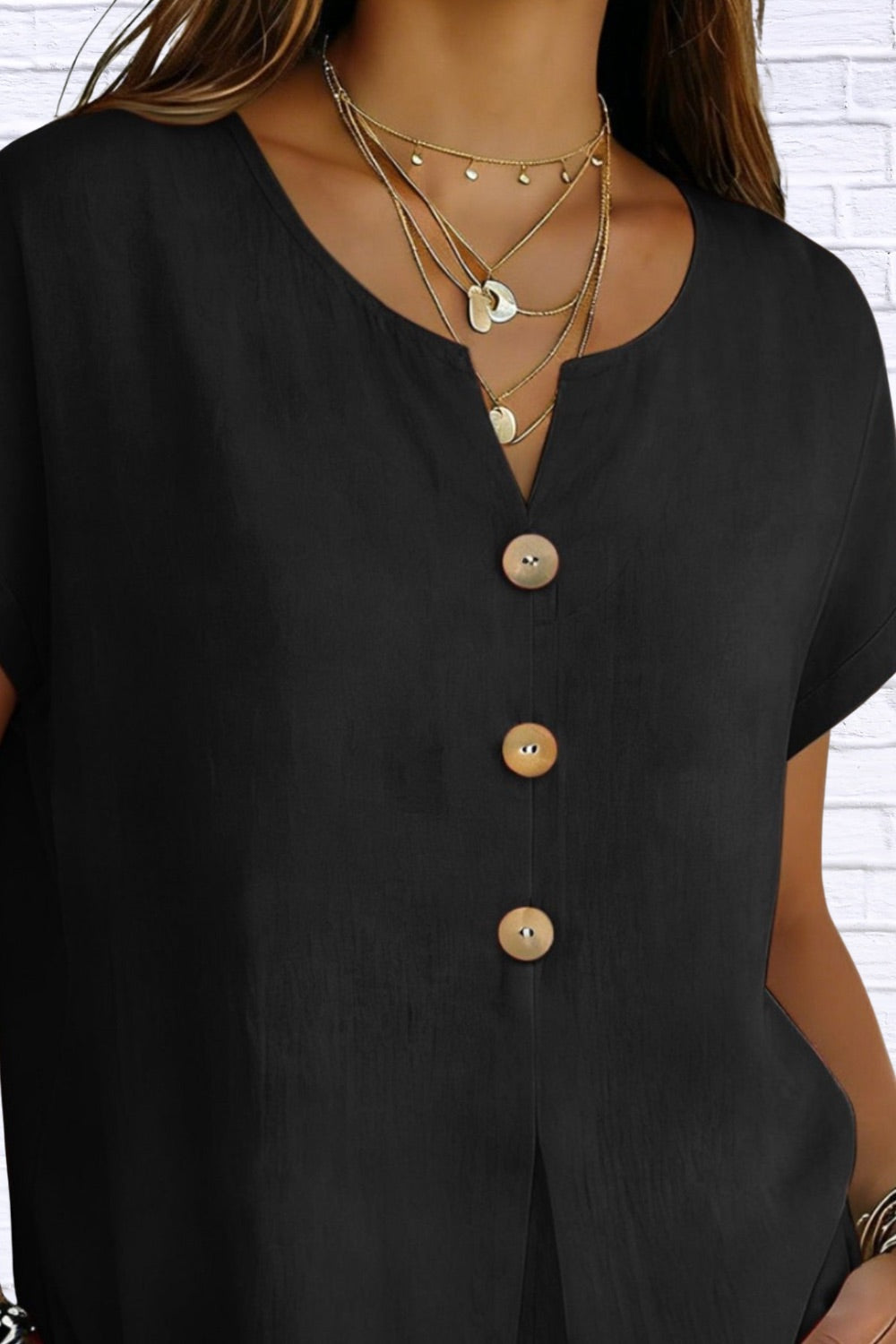 Decor Button Short Sleeve Blouse | Elegant Women__ Top