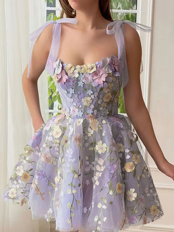 Three-Dimensional Flower Embroidery Hip-Covering Sexy Suspender Belt Mini Dress