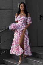 Off Shoulder Tie Waist Slit Floral Dress