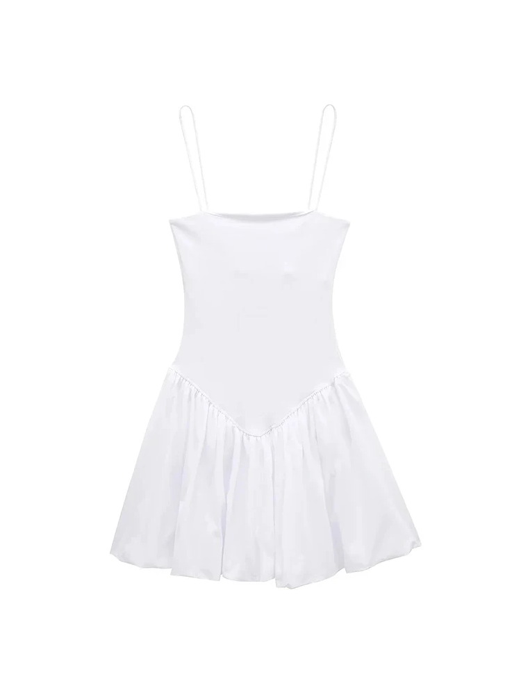 Spaghetti Strap Dropped Waist Pleated Skirt Fit and Flare Mini Dress