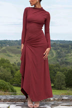Long Sleeve Crew Neck Side Ruched Cascading Drape Panel Maxi Dress