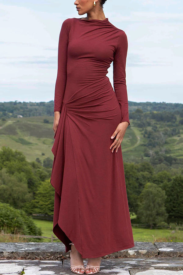 Long Sleeve Crew Neck Side Ruched Cascading Drape Panel Maxi Dress