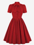 Vintage 1950s Midi Swing Tea Dress for Women - Bow Neck Short Sleeve Fit and Flare Rockabilly Gown - Garden Party 2026