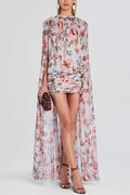 Sunset Frequency Tropical Print Ruched Hem High Low Cape Maxi Dress