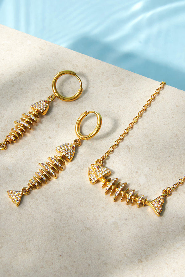Stylish Rhinestone-accented Fishbone Stud Earrings and Necklace