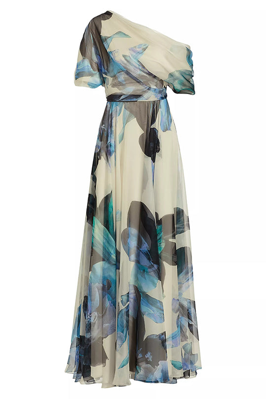 Sandy Aesthetic Unique Printed Bohemian Short Sleeve One Shoulder Maxi Dress Designer Edit