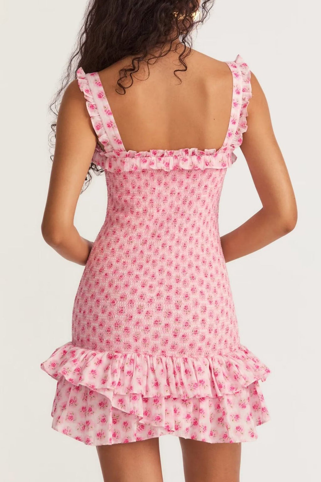 Smocked Square Neck Ruffle Trim Wide Strap Tiered Ditsy Floral Mini Dress