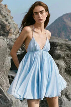 Halter Neck Deep V Neck Pleated Babydoll Mini Dress