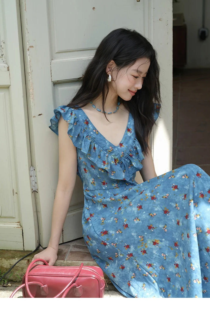 Floral Print Ruffle Trim V-Neck Cap Sleeve Fit and Flare Maxi Summer Dress