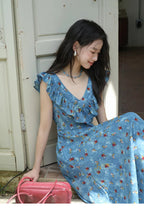Floral Print Ruffle Trim V-Neck Cap Sleeve Fit and Flare Maxi Summer Dress