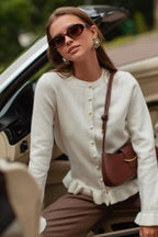 Crew Neck Layered Trim Long Sleeve Casual Knit Cardigan