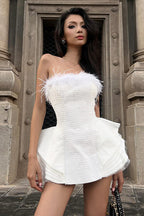 White Faux Fur Bodice Asymmetric Hem Dress
