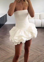 Strapless Ruched Bodice Bubble Hem Fit and Flare Mini Dress