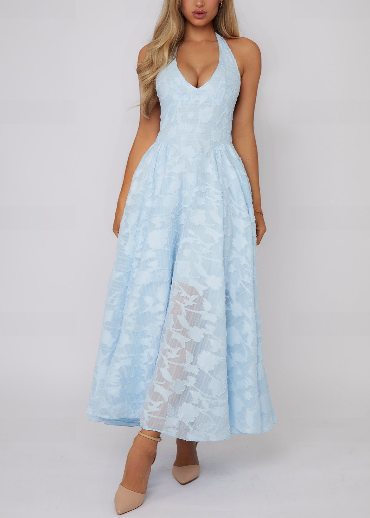 Halter Neck Floral Burnout Deep V Neck Maxi Dress