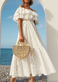 Eyelet Lace Off Shoulder Smocked Tiered Ruffle Maxi Dress