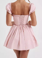 Off Shoulder Puff Sleeve Corset Bodice Basque Waist Mini Dress
