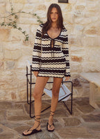 Crochet Knit Chevron Print Tie Front Bell Sleeve Mini Dress