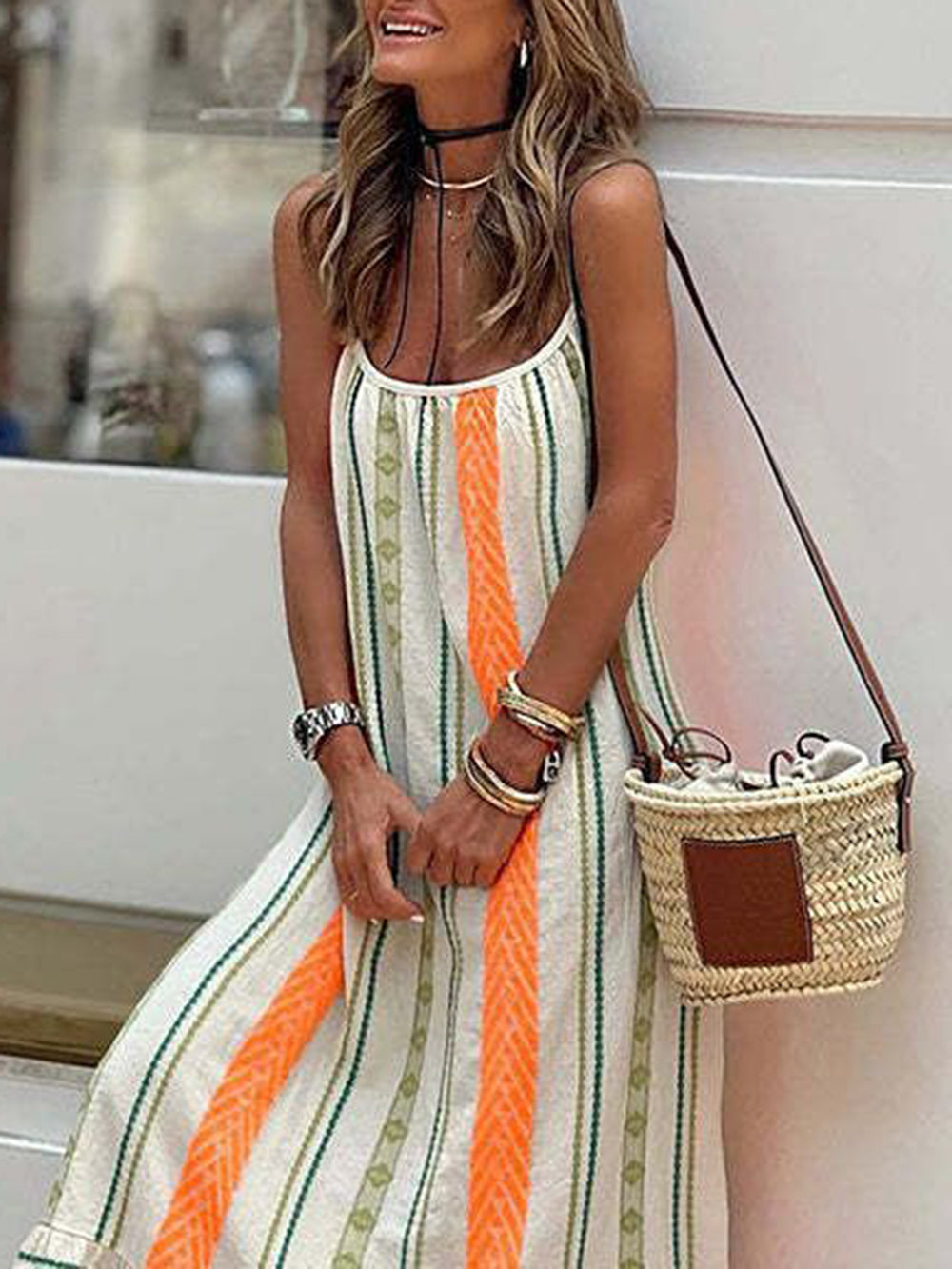 Geometric Chevron Stripe Spaghetti Strap Tiered Ruffle Hem Maxi Dress