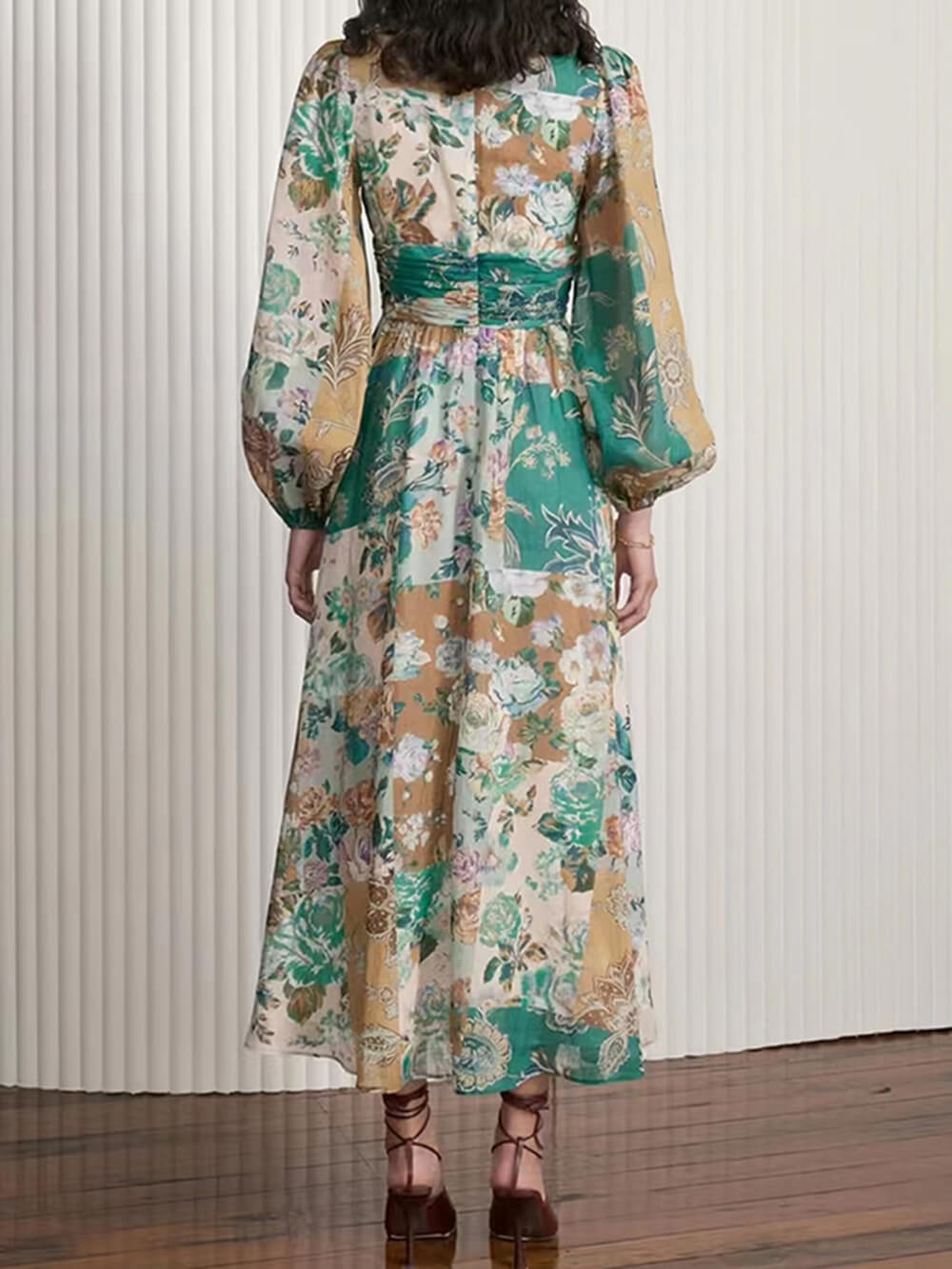 Patchwork Floral Print V-Neck Balloon Sleeve Ruched Waist Midi Dress