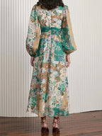 Patchwork Floral Print V-Neck Balloon Sleeve Ruched Waist Midi Dress