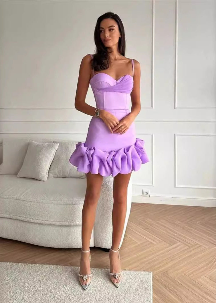 Corset Sweetheart Spaghetti Strap Ruffle Hem Bubble Mini Dress