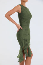 Crew Neck Ruched Mesh Bodycon High Slit Tiered Ruffle Hem Midi Dress