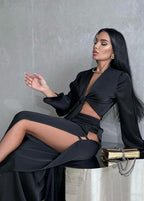 Noir Seduction - Satin Two-Piece Slit Set
