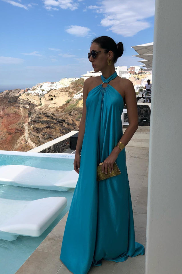 Satin Halter Ring Detail Draped Backless Floor Length Maxi Dress