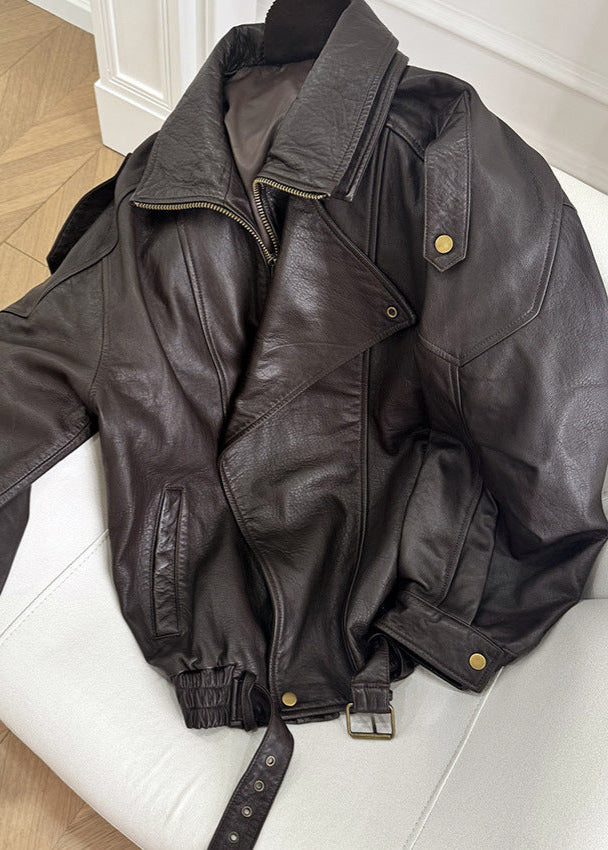 | Women's Belted Oversized Leather Bomber Jacket