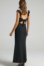 Deep V-Neck Ruffle Strap Thigh Slit Floor Length Maxi Dress