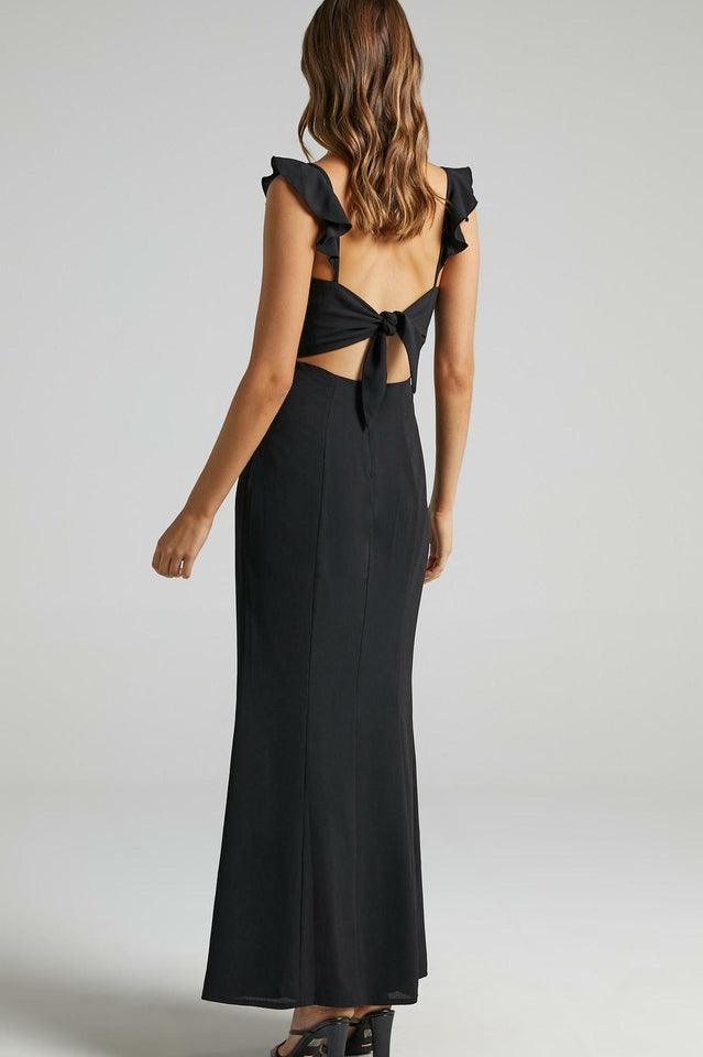 Deep V-Neck Ruffle Strap Thigh Slit Floor Length Maxi Dress