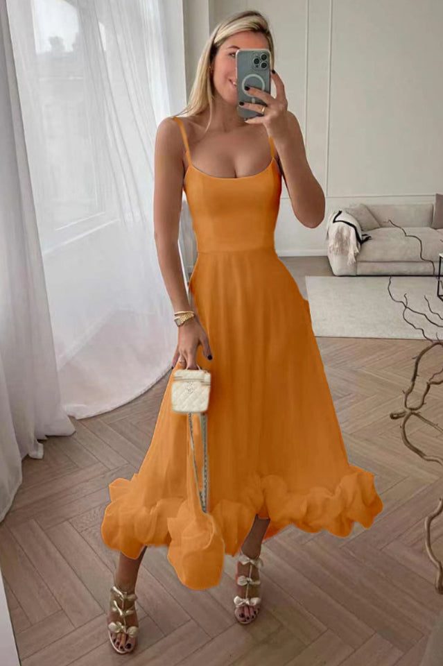 Spaghetti Strap Scoop Neck Flounce Ruffle Hem A-Line Midi Dress