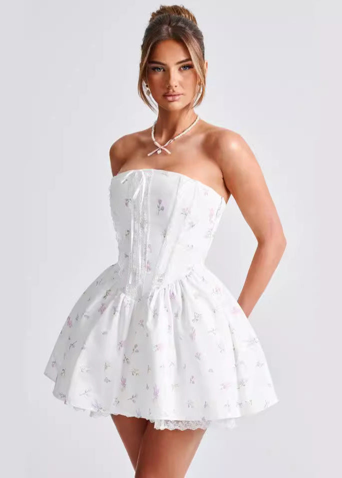 Floral Print Strapless Corset Lace Up Puff Skirt Mini Dress