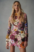 3D Floral Applique Mesh Long Sleeve High Neck Bodycon Mini Dress