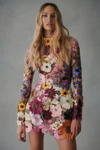 3D Floral Applique Mesh Long Sleeve High Neck Bodycon Mini Dress