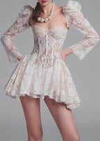 Floral Lace Corset Sweetheart Puff Sleeve Fit and Flare Mini Dress
