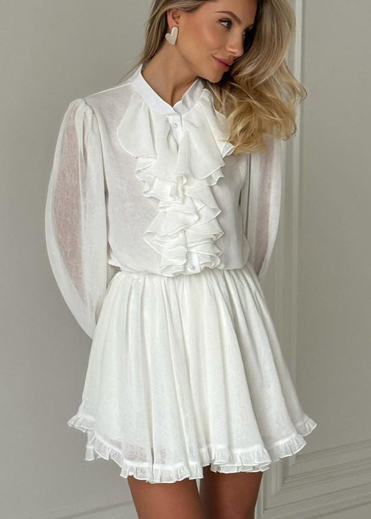 Ruffle High Neck Button Front Lantern Sleeve Fit and Flare Mini Dress