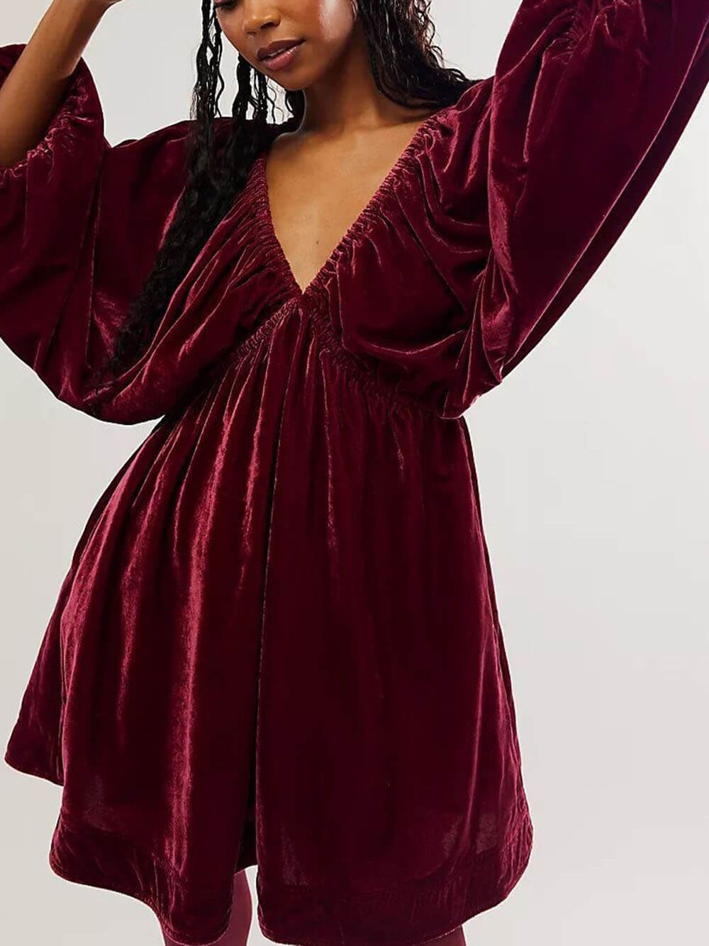 Velvet Deep V-Neck Puff Sleeve Empire Waist Mini Dress