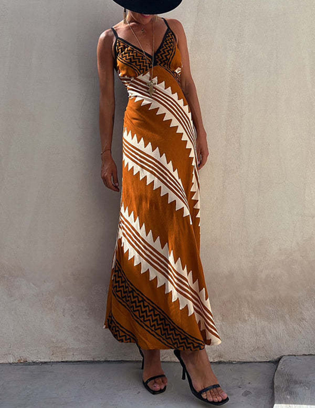 Geometric Chevron Print Spaghetti Strap Deep V-Neck Maxi Dress