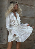 Ruffled Deep V-Neck Long Bell Sleeve Smocked Waist Tiered Mini Dress