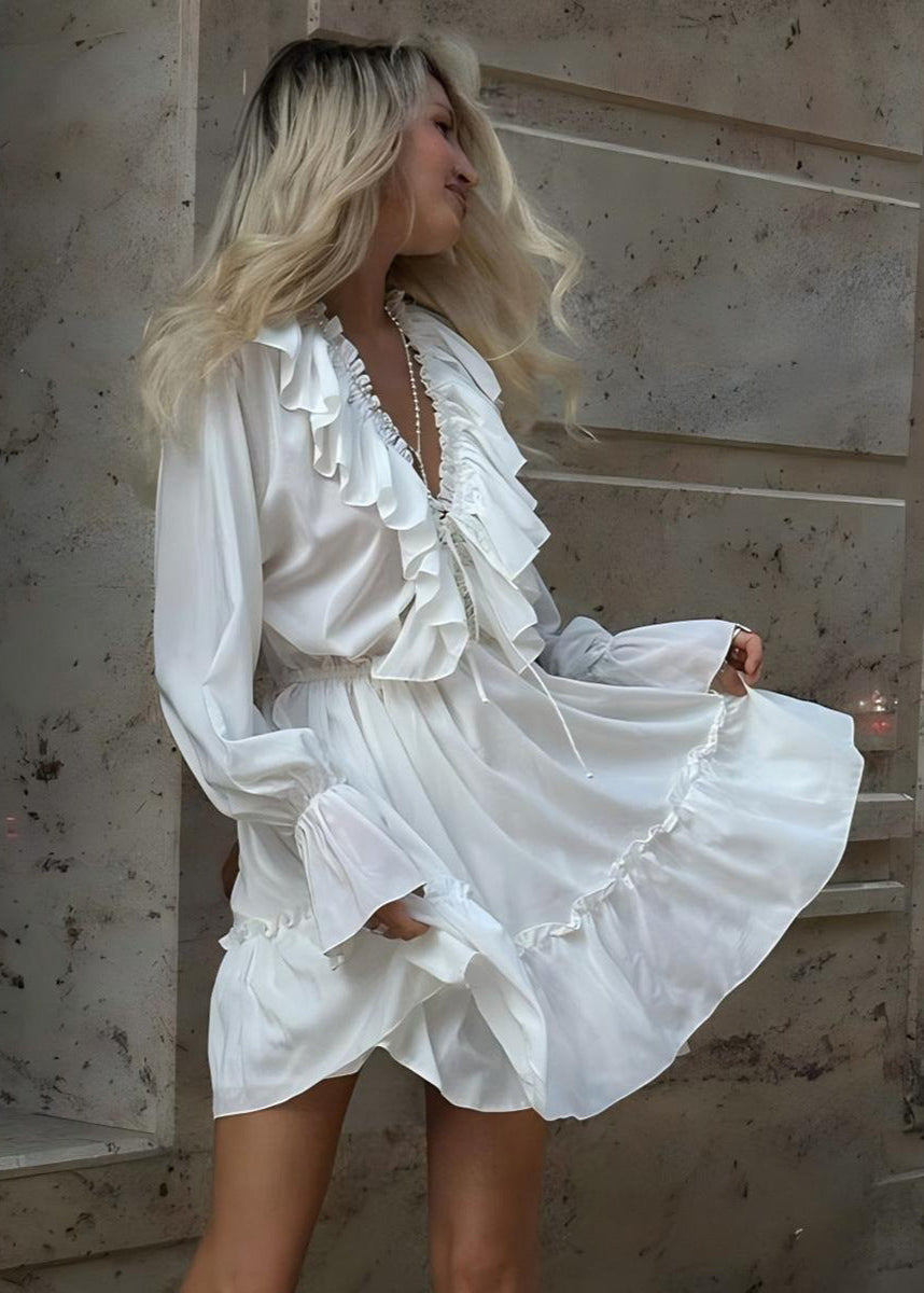 Ruffled Deep V-Neck Long Bell Sleeve Smocked Waist Tiered Mini Dress