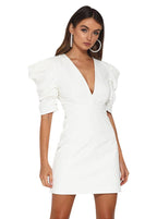 Deep V-Neck Structured Puff Sleeve Bodycon Mini Dress