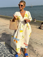 Tropical Graphic Print Puff Sleeve Button Front Empire Maxi Dress
