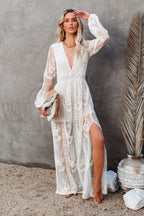 Lace Floral Embroidery Deep V-Neck Bishop Sleeve High Split Sheer Maxi Dress