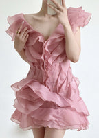 Organza Tiered Ruffle Lettuce Edge V Neck Mini Dress