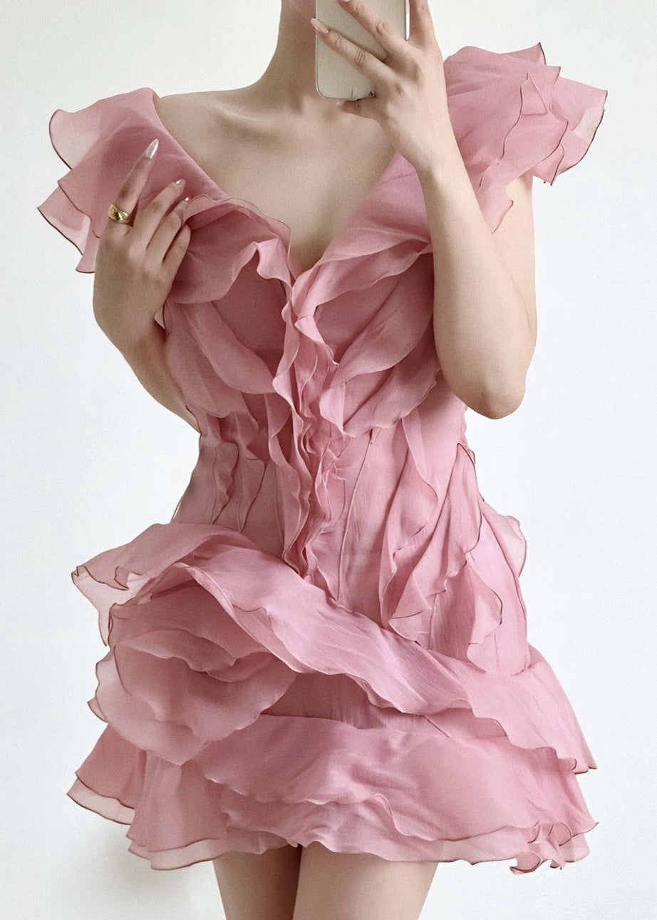 Organza Tiered Ruffle Lettuce Edge V Neck Mini Dress