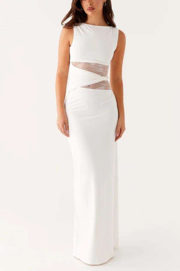 Boat Neck Sleeveless Lace Panel Waist Cut Out Twist Detail Maxi Dress