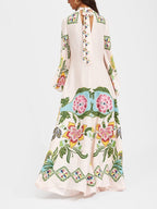 Mock Neck Bell Sleeve Floral Border Print Flowy Maxi Dress
